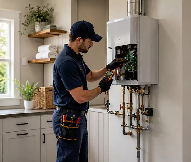 Water heater technician evaluating system components