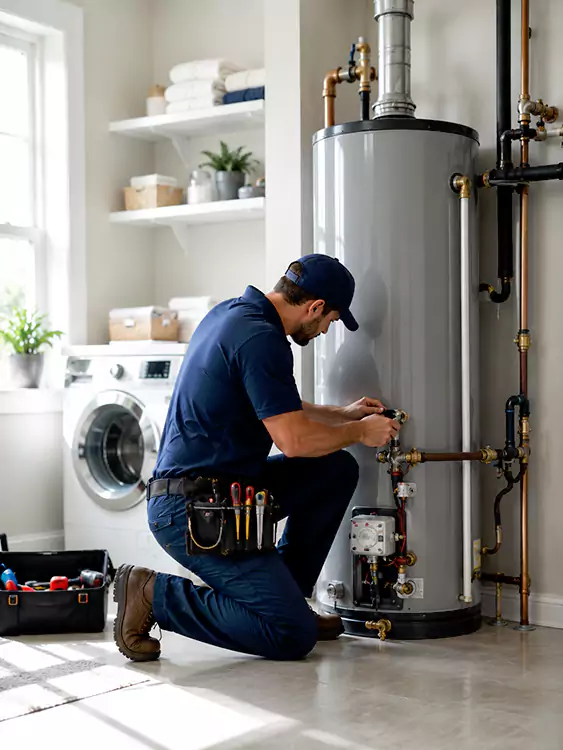 Technician inspecting a home water heater system
